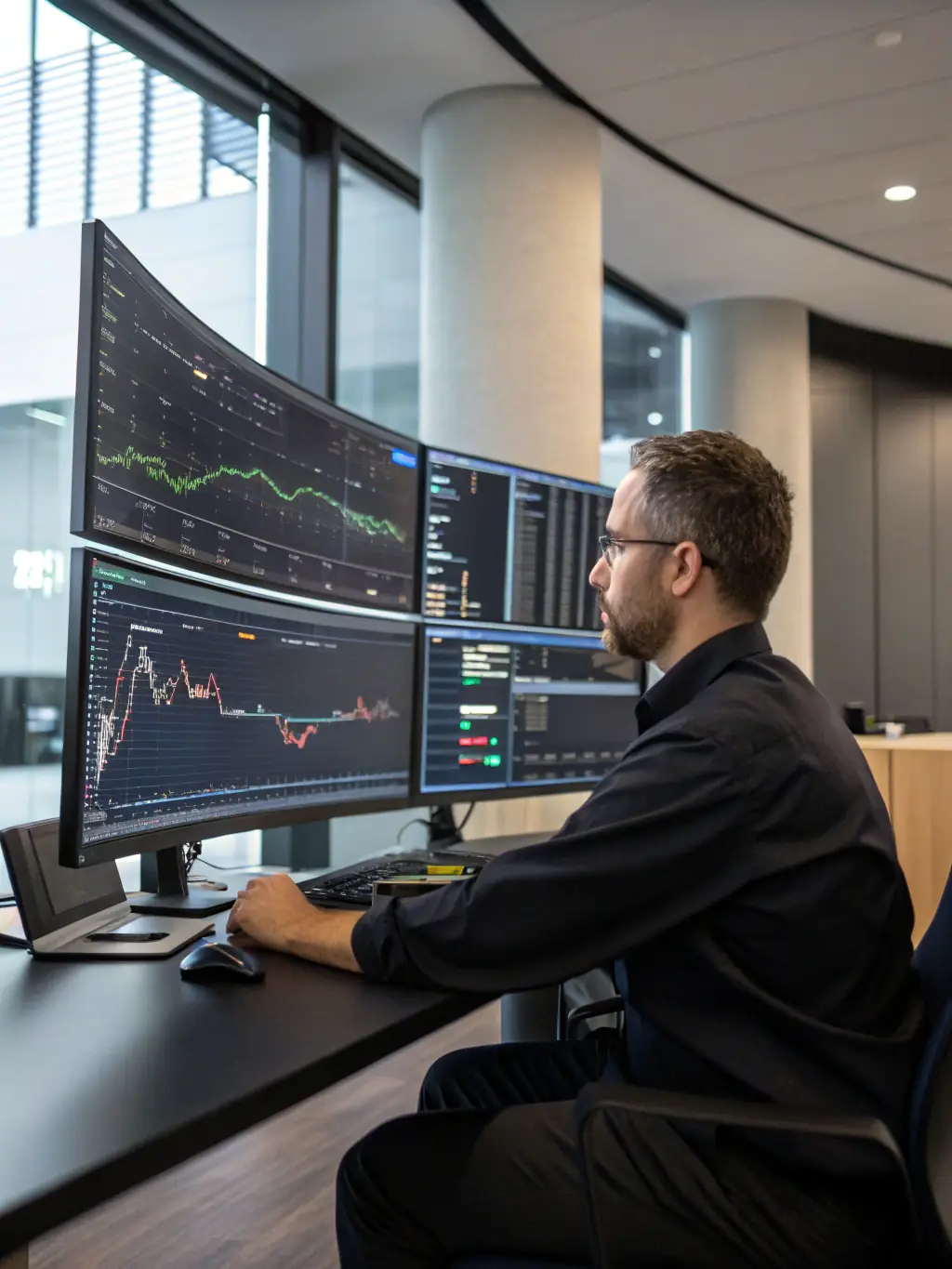 A professional trader using advanced charting software to analyze stock market trends in a modern office setting, emphasizing the use of technology in trading.